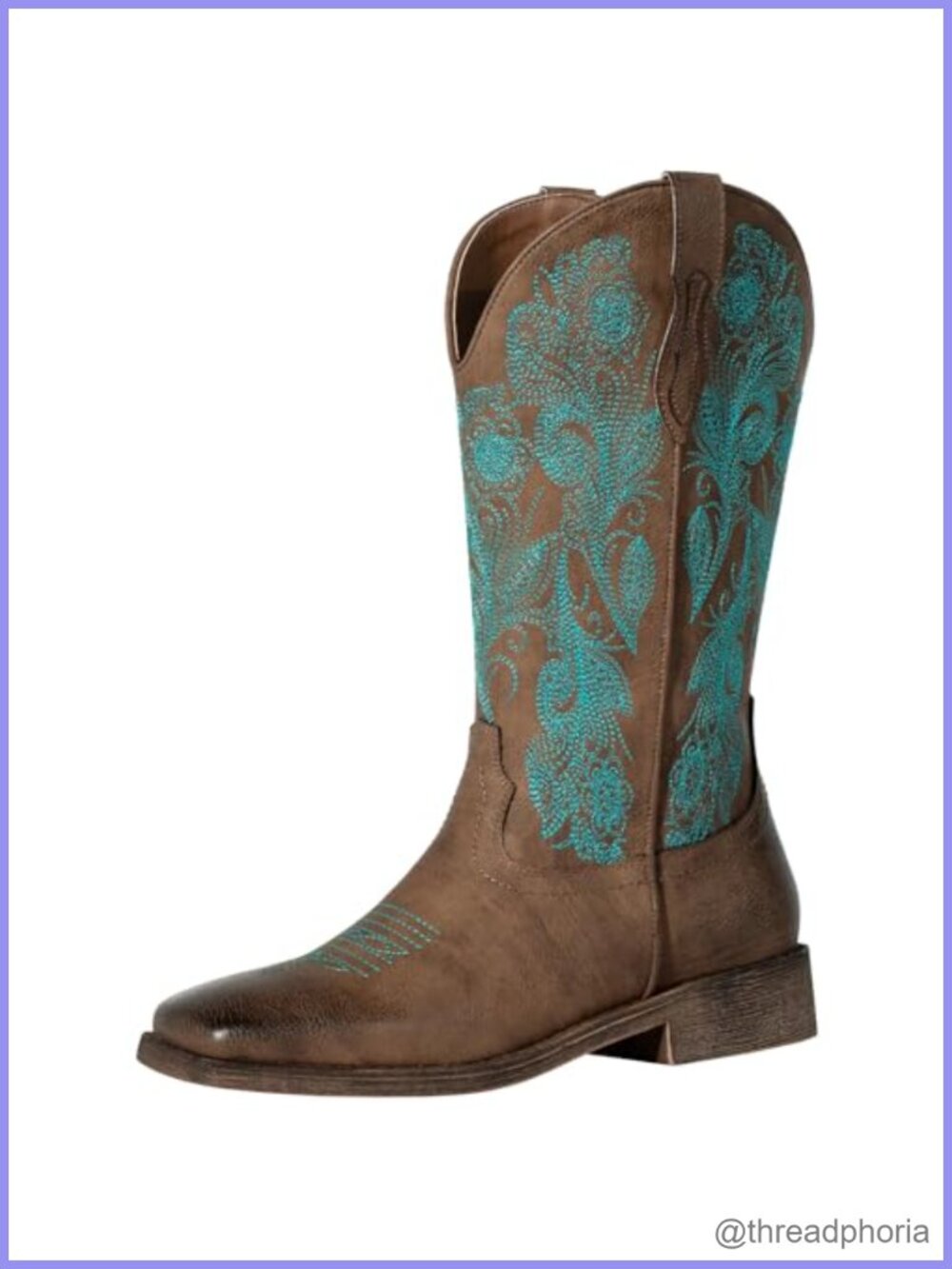 Floral Embroidered Square Toe Western Cowboy Boots Mid-Calf Faux Leather